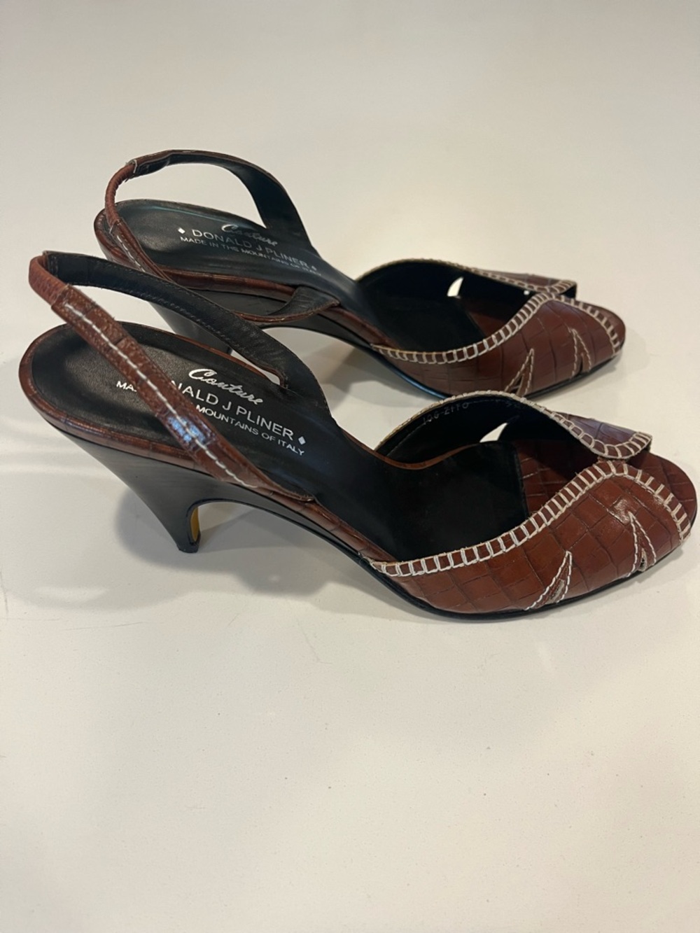 Like New COUTURE Vintage Donald J. Pliner Brown Leather Peep-Toe Slingback Heels - Picture 2 of 15